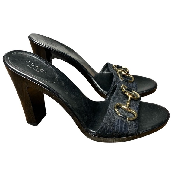 Gucci Shoes - Gucci Black GG Monogram Logo Canvas Horsebit Slide Sandals Heels 8 US / 38 EU